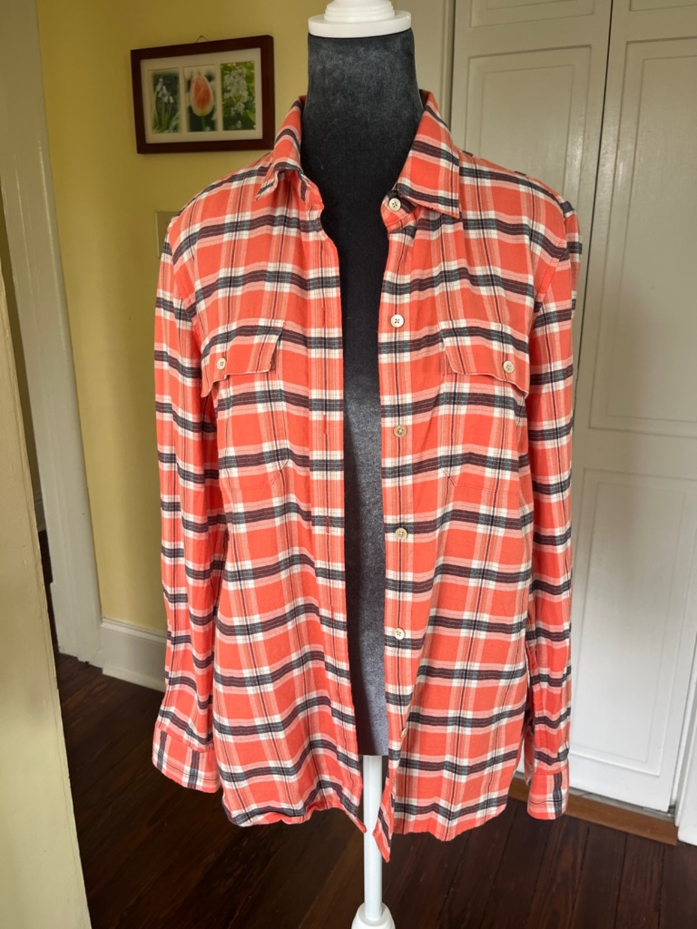 L.L. Bean Signature Coral and Navy Plaid Button-Front Shirt